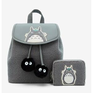 NEW! Studio Ghibli My Neighbor Totoro Gray Sherpa Slouch Backpack & WALLET‎ SET!